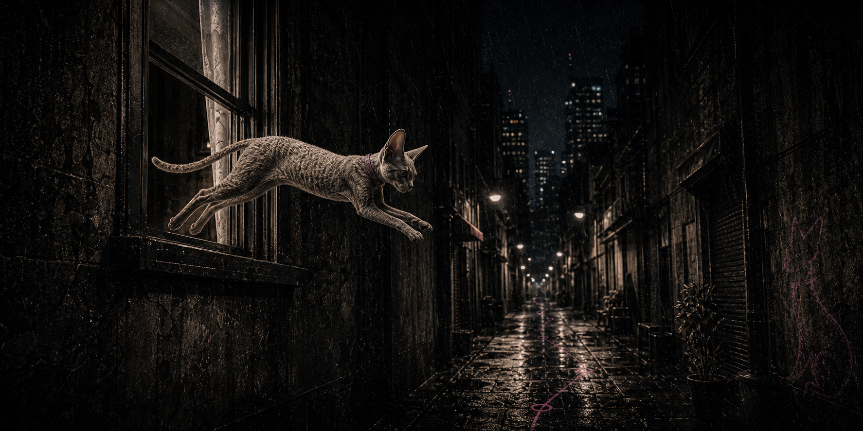 Devon Rex STRAY #07 jumping from the window into the city