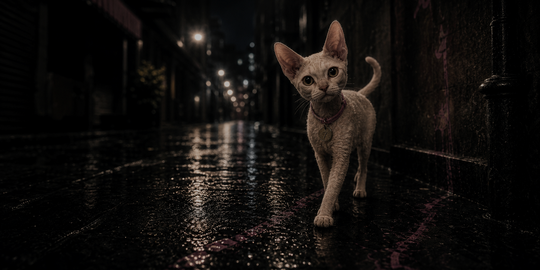 Devon Rex STRAY #07 standing in a rainy street