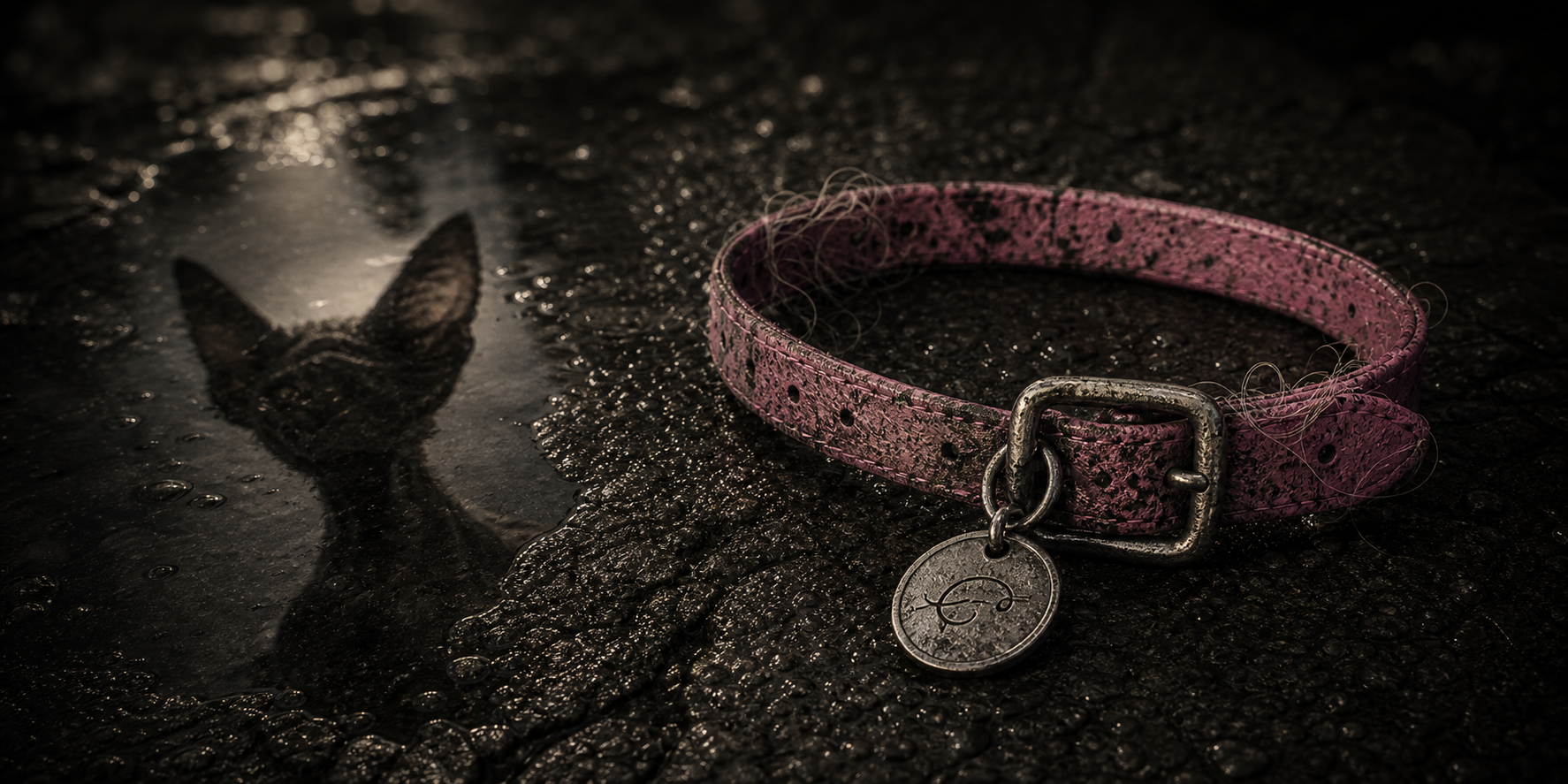 Devon Rex STRAY #07 with a worn pink collar memory token