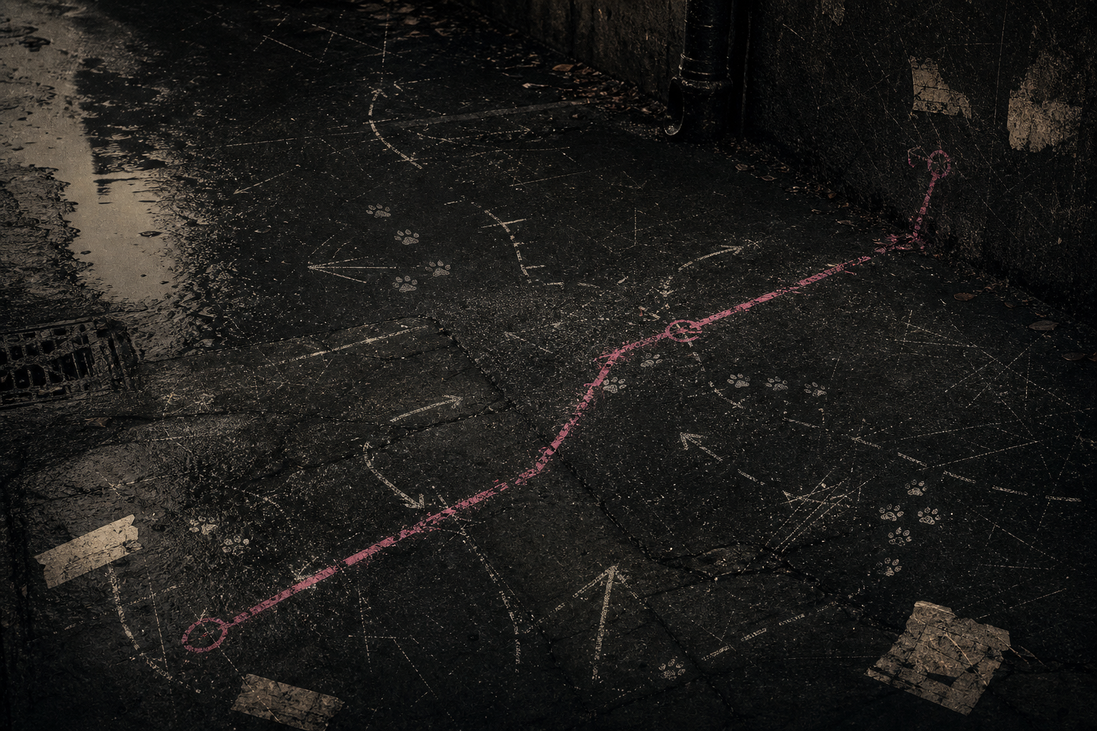Dark urban pavement with scratched second-map route and pink path